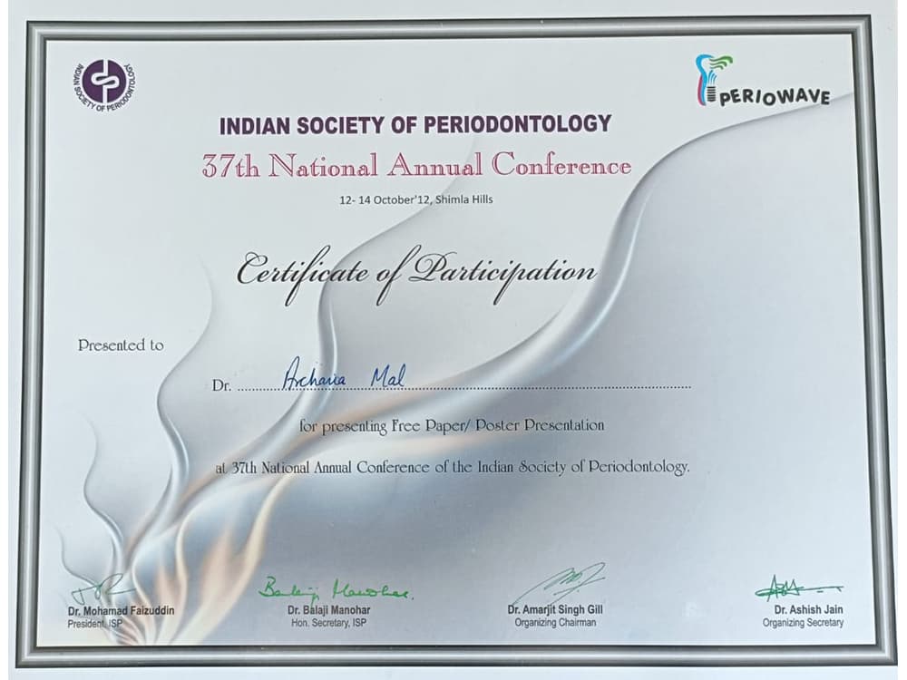 Certificate of participation for presenting a free paper or poster at the 37th National Annual Conference of the Indian Society of Periodontology in Shimla, 12 to 14 October 2012