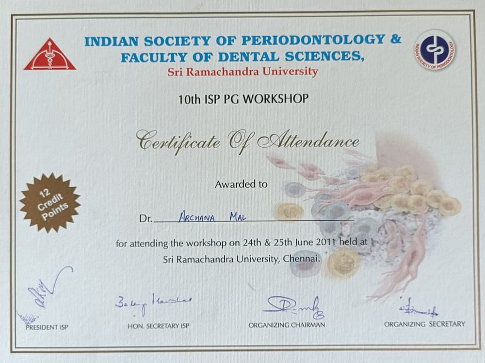 Certificate of attendance at the 10th ISP PG Workshop at Sri Ramachandra University, Chennai, on 24 and 25 June 2011