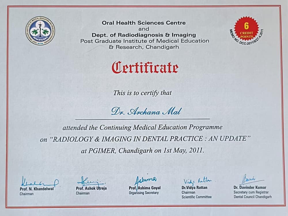 Certificate for attending the Continuing Medical Education Programme Radiology and Imaging in Dental Practice: An Update at PGIMER Chandigarh on 1 May 2011